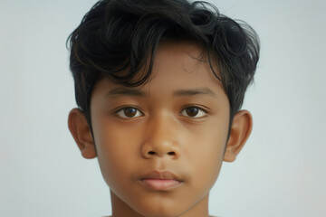 A close-up portrait of a young boy with curly hair and thoughtful eyes, looking directly at the camera against a white background. - obrazy, fototapety, plakaty