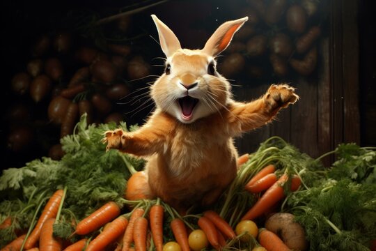 Happy mountain rabbit with heap of carrots. Wild furry hare with veggies harvest in nature habitat. Generate ai