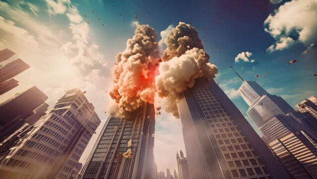 Digital reconstruction of the terrorist attack on the twin towers of the New York skyline on fire sky in the United States of America. Historical event and memorial. AI-generated.