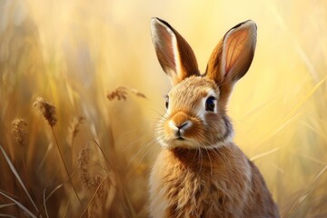 Obraz premium Side view portrait of wild rabbit. Brown cute hare in nature grass. Generate ai