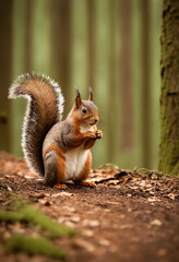 Naklejka na ściany i meble Happy red squirrel in the thicket of the forest looks with interest