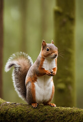 Happy red squirrel in the thicket of the forest looks with interest