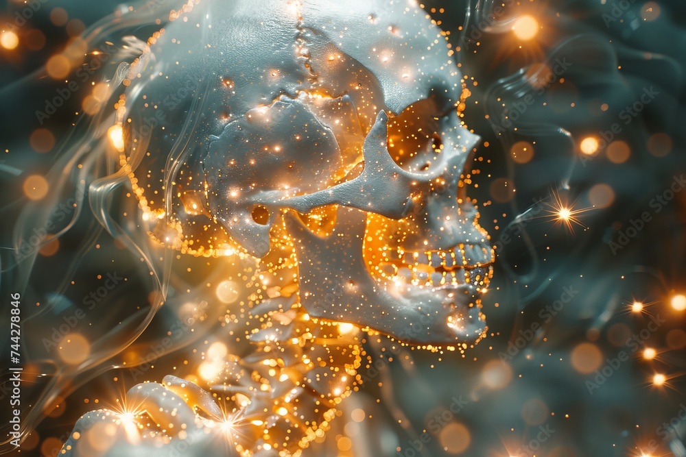 Poster a mesmerizing fusion of art and science, a golden skull adorned with fractal lights captures the ess