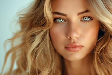 Naklejka premium Close-up portrait of a beautiful woman with wavy blond hair and striking blue eyes, showcasing natural beauty and elegance.