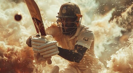 In the midst of an intense outdoor battle, a determined man in a protective helmet brandishes his trusty cricket bat as a weapon of choice in this adrenaline-fueled action film - obrazy, fototapety, plakaty
