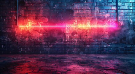 A mesmerizing screenshot of a brick wall illuminated by magenta and blue lights, evoking a sense of mystery and modernity