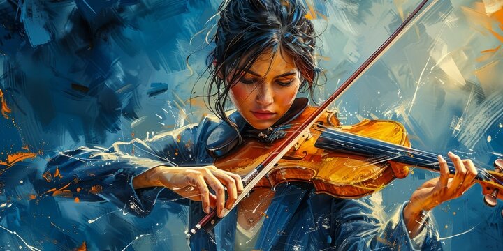 A skilled musician creates a melodic masterpiece with her violin, her graceful movements bringing the instrument to life like a painted portrait