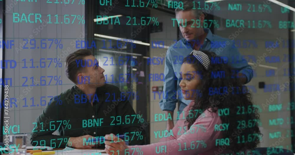 Aufkleber animation of financial data processing over diverse colleagues discussing work in office