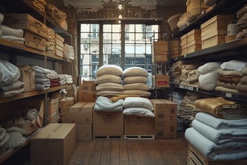 The cluttered indoor room was filled with a multitude of neatly stacked blankets and boxes, reaching from floor to ceiling on the shelves
