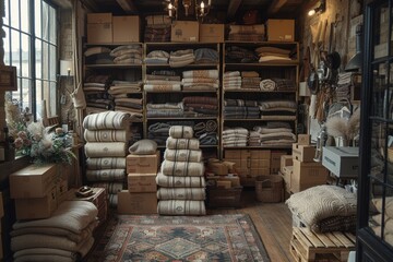 The cozy interior of the building's room features a large shelf filled with an abundance of warm blankets, adding a touch of comfort and style to the space