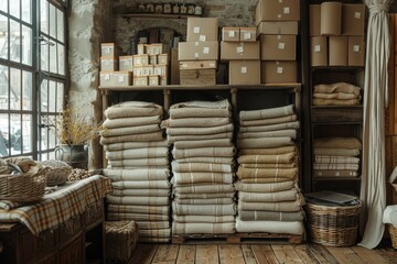 An abandoned room with decaying walls and shelves stacked with blankets and boxes, the only light coming from a window showcasing a forgotten world of books and memories