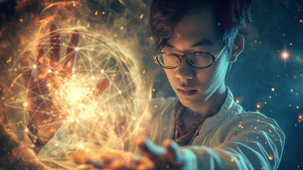 Taoist Time Traveler: An Asian scientist experimenting with Taoist principles to create a time-traveling device, exploring the mysteries of the universe - obrazy, fototapety, plakaty