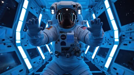 Gordijnen Kung Fu Astronaut: An Asian astronaut practicing kung fu in a space station gym, maintaining physical fitness and mental discipline for space missions © Lila Patel