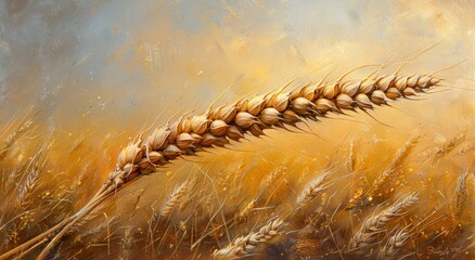 Amidst the golden sea of wheat, a single stalk stands tall, a symbol of sustenance and the timeless cycle of harvest and renewal - obrazy, fototapety, plakaty