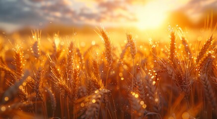 Golden grains glisten under the morning sun, as nature's canvas of triticale, hordeum, and phragmites dances in the wind, evoking a sense of peaceful harvest in the vast wheat field - obrazy, fototapety, plakaty