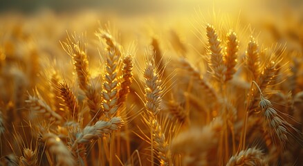 Golden stalks of wheat sway in the warm autumn sun, a bountiful crop of nourishing whole grains, intermixed with triticale, rye, and other hearty cereals, a symbol of nature's abundance and the hard  - obrazy, fototapety, plakaty