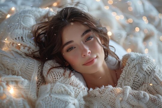 A girl wrapped in a warm blanket gazes into the soft light of a winter photo shoot, her human face adorned with a serene expression