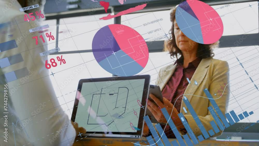 Poster animation of financial data processing over diverse colleagues working in office