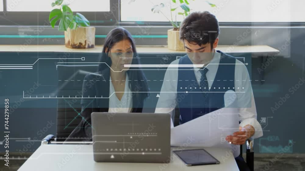 Poster animation of financial data processing over diverse colleagues discussing work in office