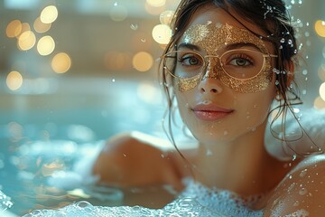 A woman indulges in luxurious relaxation as she gazes into the shimmering depths of a hot tub, adorned with glistening gold glitter on her serene face