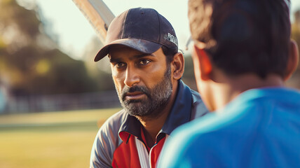 AI Cricket Coach: An Indian cricket player receiving coaching from an artificial intelligence cricket coach, analyzing game strategies and techniques