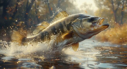A majestic trout breaks free from the tranquil water, defying gravity and embracing its natural instinct to explore the great outdoors - obrazy, fototapety, plakaty