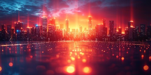 A stunning metropolis illuminated by the glowing lights of towering skyscrapers, against a fiery red sky reflecting off the clouds, showcasing the bustling energy and grandeur of city life at night
