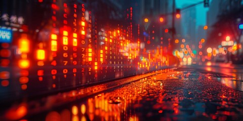 Fototapeta premium A solitary street, adorned with glowing amber lights, illuminates the rainy night as numbers flash by, guiding lost souls through the bustling city