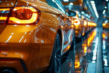 A vibrant line of shiny yellow taxis sit parked in a bustling factory, each adorned with sleek...