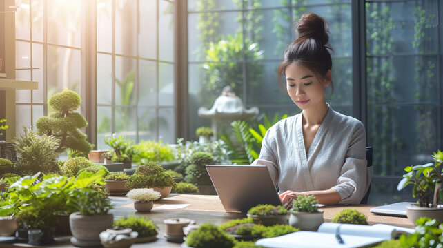 Zen Garden Office: An Asian businesswoman working in an office designed like a serene Zen garden, surrounded by tranquil nature elements for a peaceful work environment