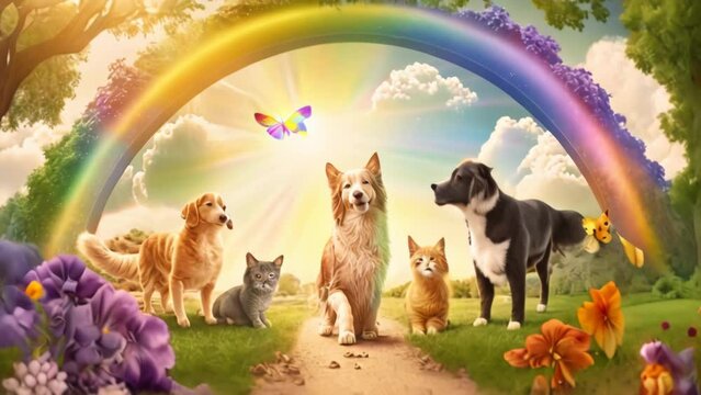 A fantasy paradise for dogs and cats where pets run and play in a beautiful Eden garden populated by ethereal clouds, rainbow bridges, and heavenly sunshine. The idea of an afterlife for animals.