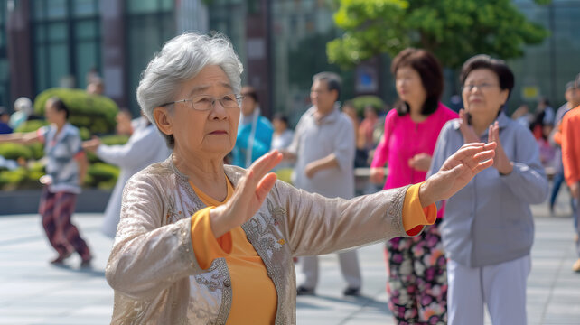 Tai Chi Flash Mob: A group of Asian seniors surprising bystanders with a spontaneous tai chi flash mob in a busy urban square, promoting health and harmony