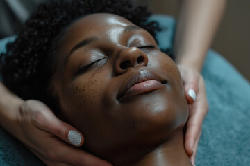Young black woman enjoying relaxing facial massage in spa