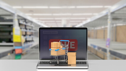 The shopping trolley and Notebook for online market concept 3d rendering.