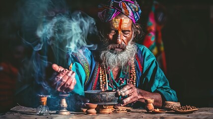 The shaman communicates with spirits. The shaman performs a cleansing ritual. - obrazy, fototapety, plakaty