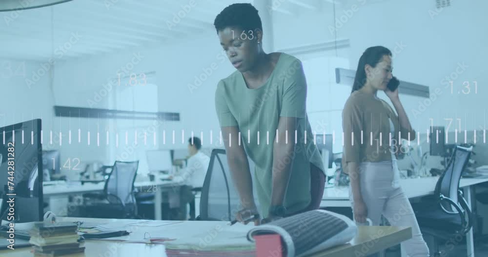 Poster animation of financial data processing over diverse colleagues working in office