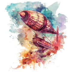 Watercolor design of a flying steampunk dirigible / blimp / air ship, against an intermixed splash of blue, purple, green and orange watercolor behind it, on a transparent background