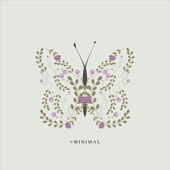 Flat illustration. Butterfly of flowers. Different flowers of pastel colors. Wildflowers and leaves...