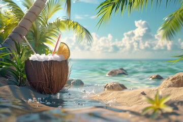 Relaxing beach getaway with a piña colada tropical cocktail decorated with pineapple and coconut on a sandy shore with turquoise water and palm trees in the distance.