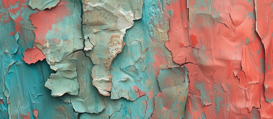Fototapeta premium A close-up photograph of textured craft paper with a stone-like turquoise and red hue, revealing the peeling paint on a wall.