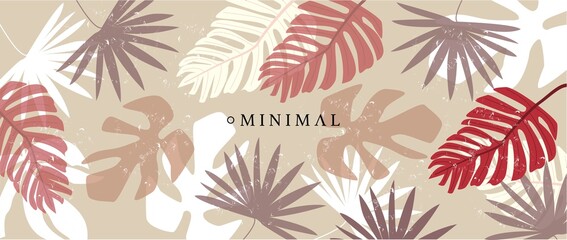 Flat illustration. Tropical leaves. Design for printing palm trees, leaves with texture. Canvas for wallpaper, wall art, prints, fabric, pattern and packaging..