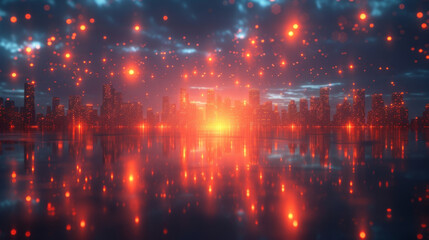 A futuristic city skyline is dotted with glowing blockchain nodes resembling a network of stars in the night sky. This image symbolizes how blockchain technology has the potential