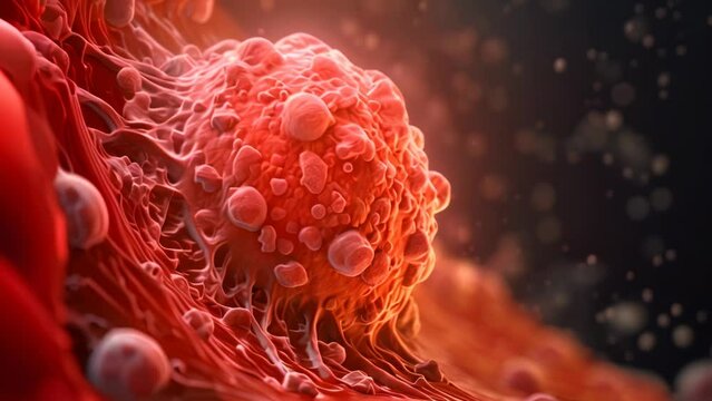 3D microscopic view of a tumor cell inside the body provides a clear insight into cancerous growth. The malignant cell can be seen in detail and observed for diagnosis and treatment options. AI-image.