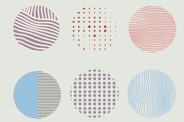 Contemporary modern trendy illustration. Set of round Abstract colorful Backgrounds or Patterns. Drops, spots, curves, Lines. Posters, Social media Icons templates...