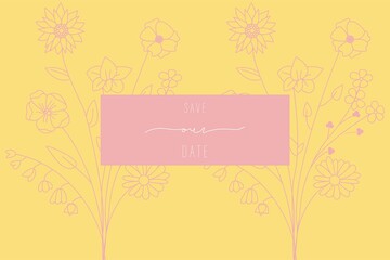 Flat invitation. Illustration of bright yellow with pink spring flowers. Ideal as a wedding invitation, business card or flower shop banner..