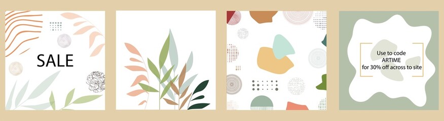 Trendy abstract square art templates with floral and geometric elements. Suitable for banner design and internet ads, social media posts, mobile apps..