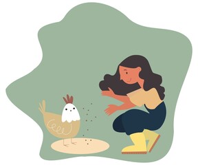 Flat illustration. A girl feeds a chicken. The concept of agricultural work. Drawing on a gray background...