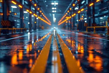 A bustling city street at night, with rain reflecting the vibrant lights of towering buildings, creating a mesmerizing and surreal atmosphere