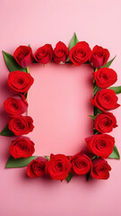 frame of red roses, pink background, March 8, story, vertical format