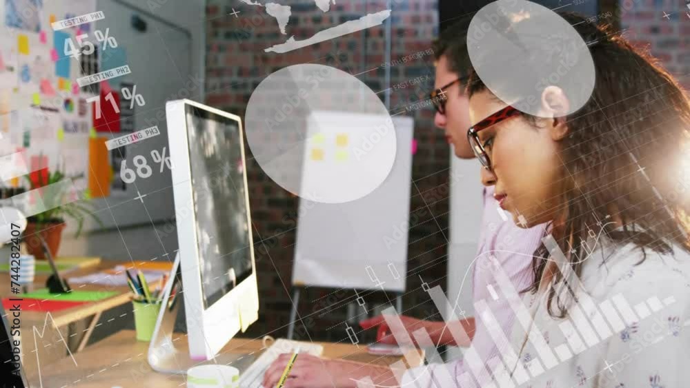 Poster animation of financial data processing over diverse colleagues working in office